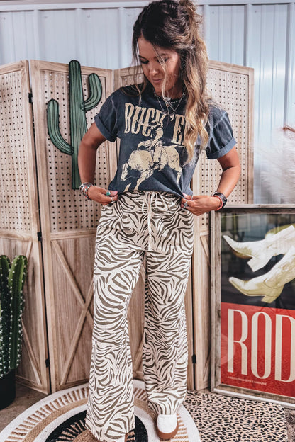 Western Zebra Print Drawstring Wide-Leg Pant