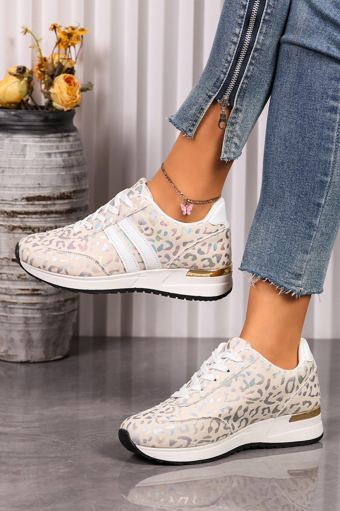 Iridescent Leopard Print Lace-Up Sneaker