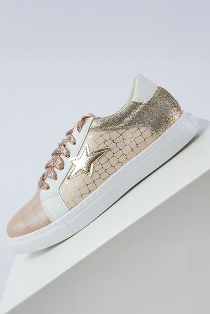 Gold Glitter Star Patchwork PU Leather Lace-up Sneakers
