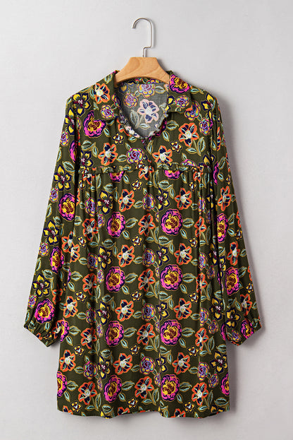 Green Floral Print Split Neck Bubble Sleeve Shift Mini Dress