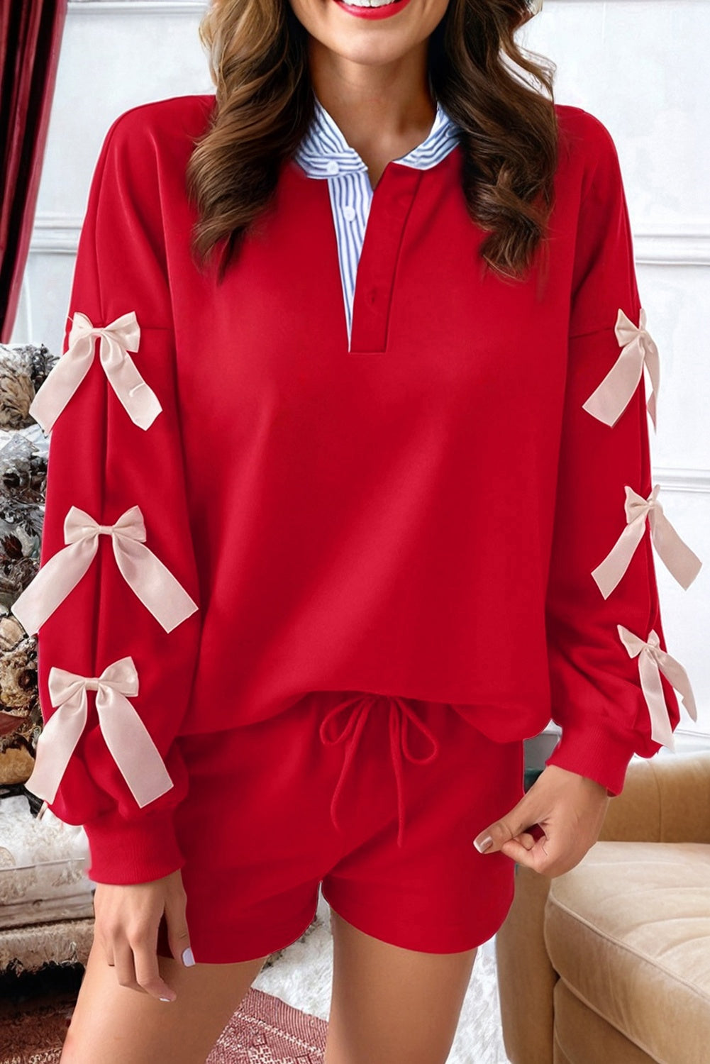 Satin Bow Sleeve Sweatshirt and Shorts Set