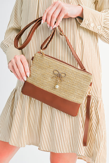 Beige Bow Pearl Decor Straw PU Leather Patched Crossbody Bag