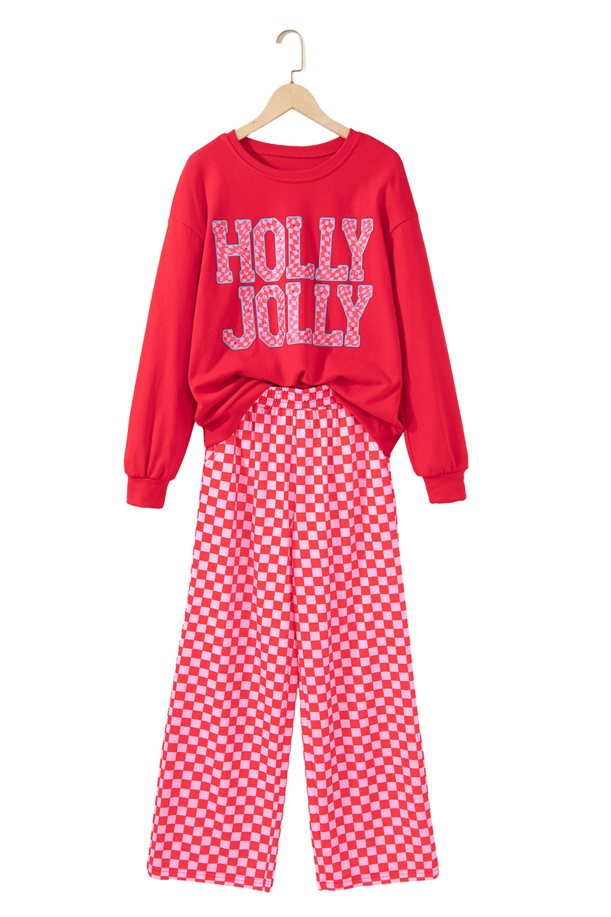 Red Christmas Slogan Graphic Plaid Contrast Two-piece Pant Set