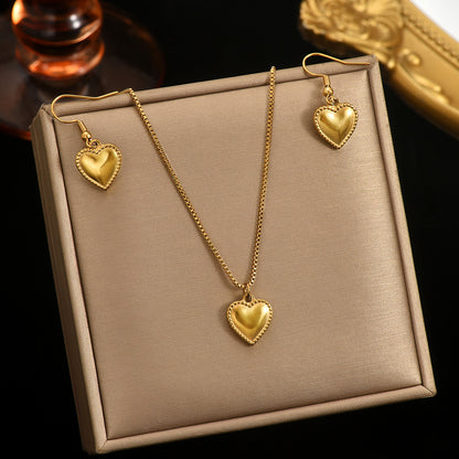 18K Gold Plated Puffy Heart Pendant Necklace And Earrings Set