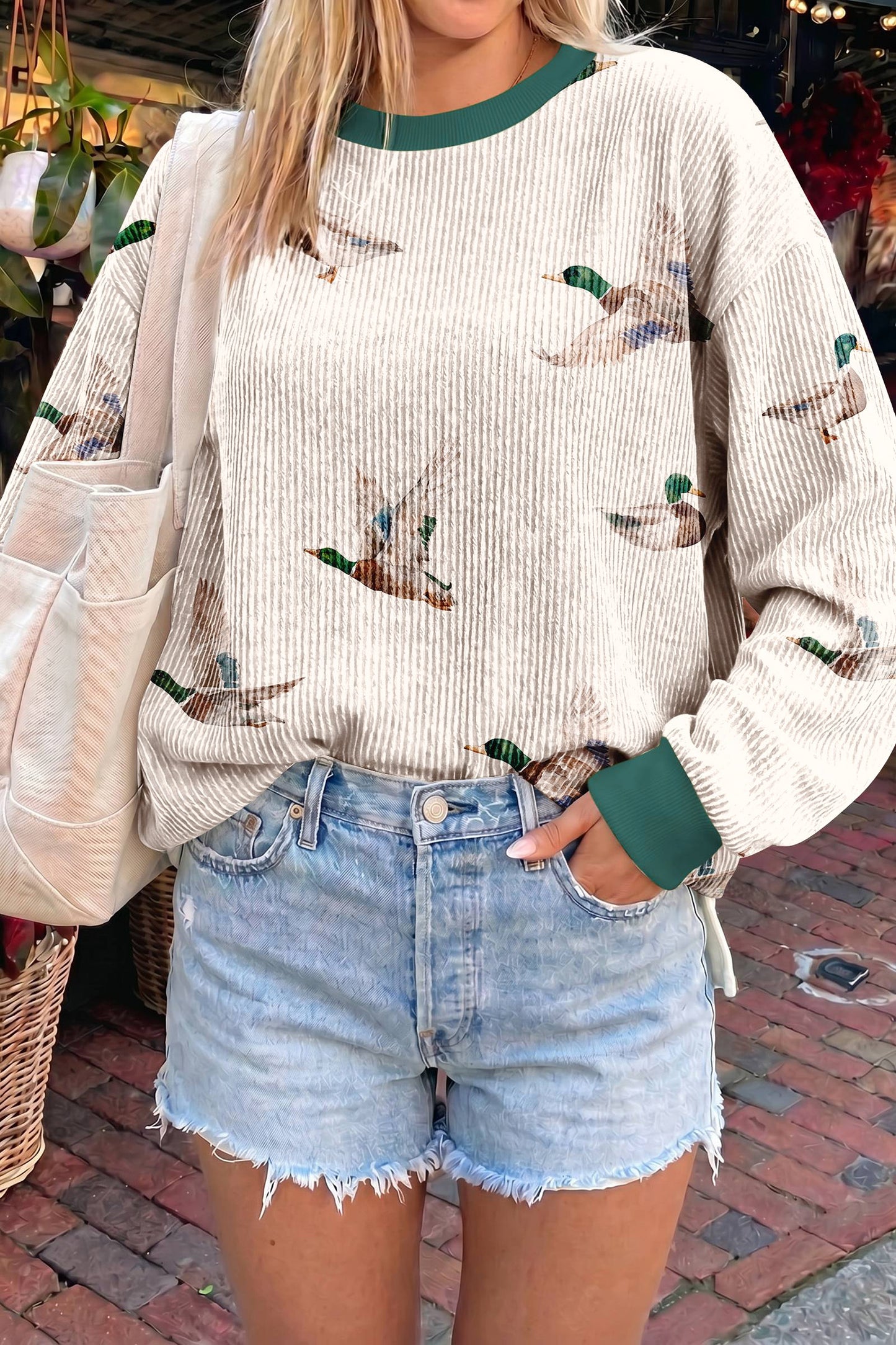 Duck Print Ribbed Crewneck Pullover