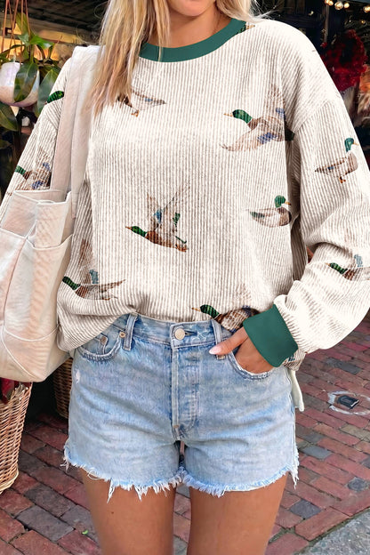 Duck Print Ribbed Crewneck Pullover
