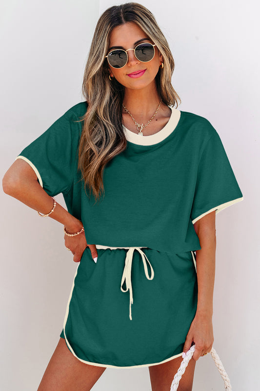 Evergreen Colorblock Edge Drop Shoulder T Shirt and Skort 2Pcs Set